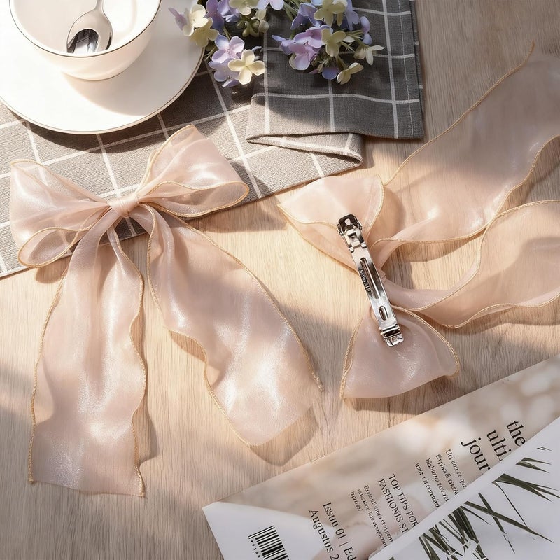 STSTR 2Pcs Large Hair Bow Clips, Champagne Silk Yarn Ribbon Bow Hair Barrette for Women, Elegant Long Tail Bowknot French Hair Accessories for Wedding, Parties, Festivals - Style 4 - Image 3